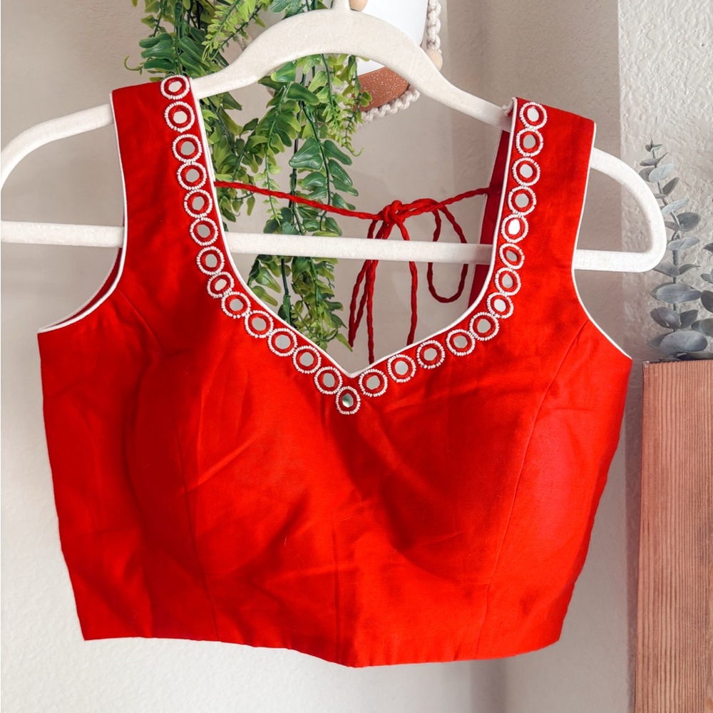 Red Embellished real mirror Crop Blouse with Tie back Size Medium